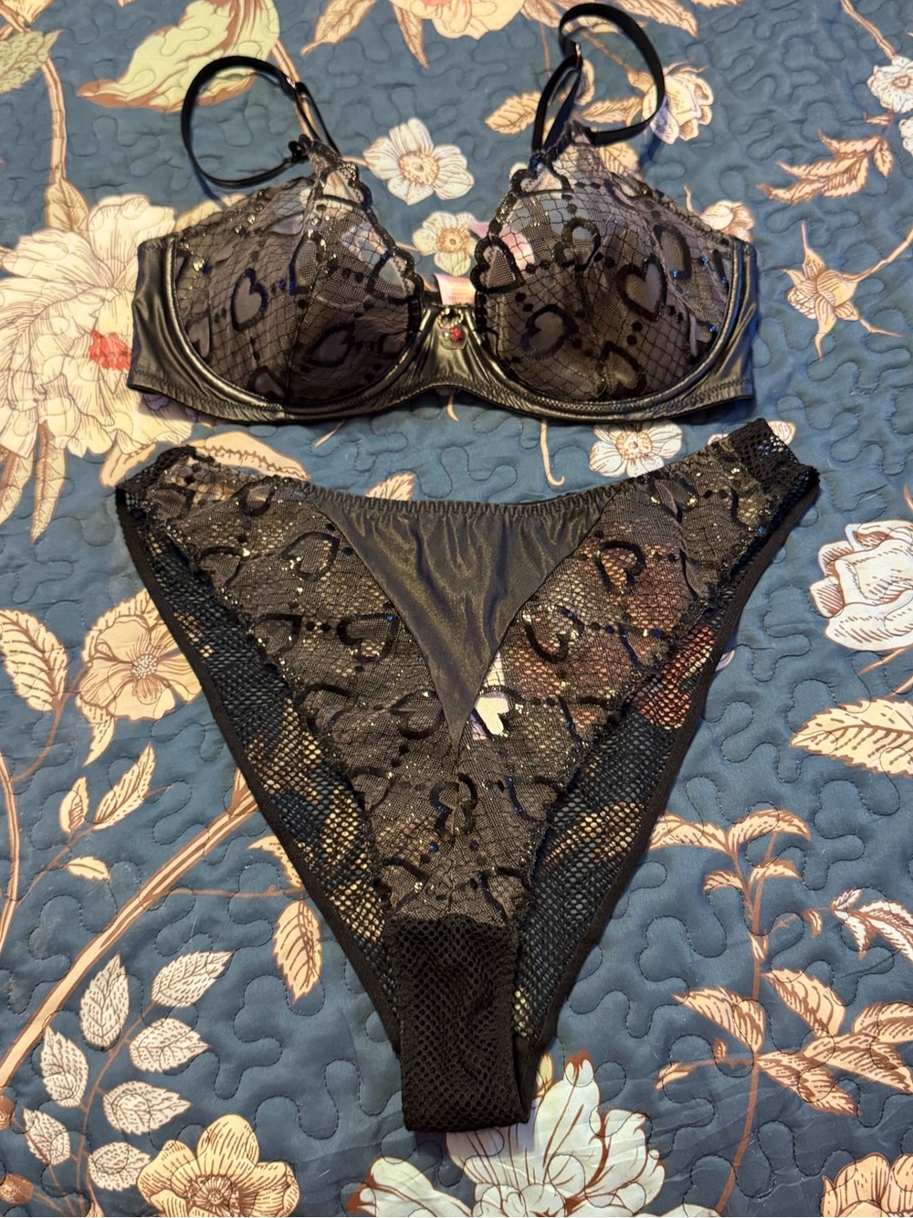 Savage X Fenty Black Lace Heart Embellished Bra & panties Set
